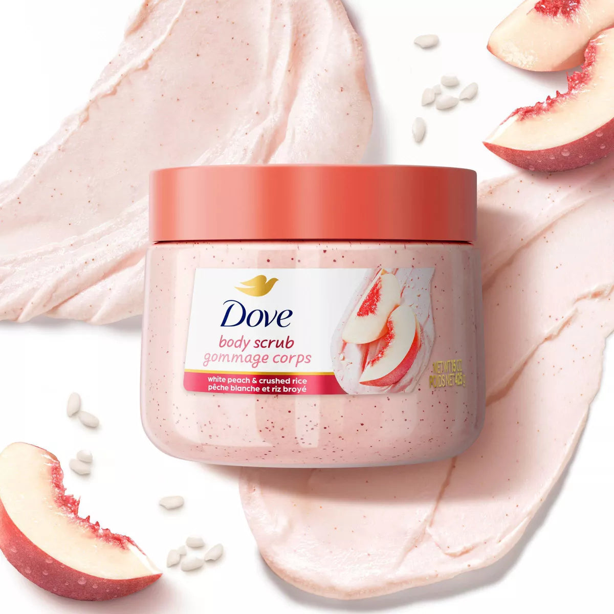 Dove Beauty Exfoliating Body Scrub - White Peach & Crushed Rice - 15Oz: Whole Body Application, Jar Container, for Normal to Dry Skin