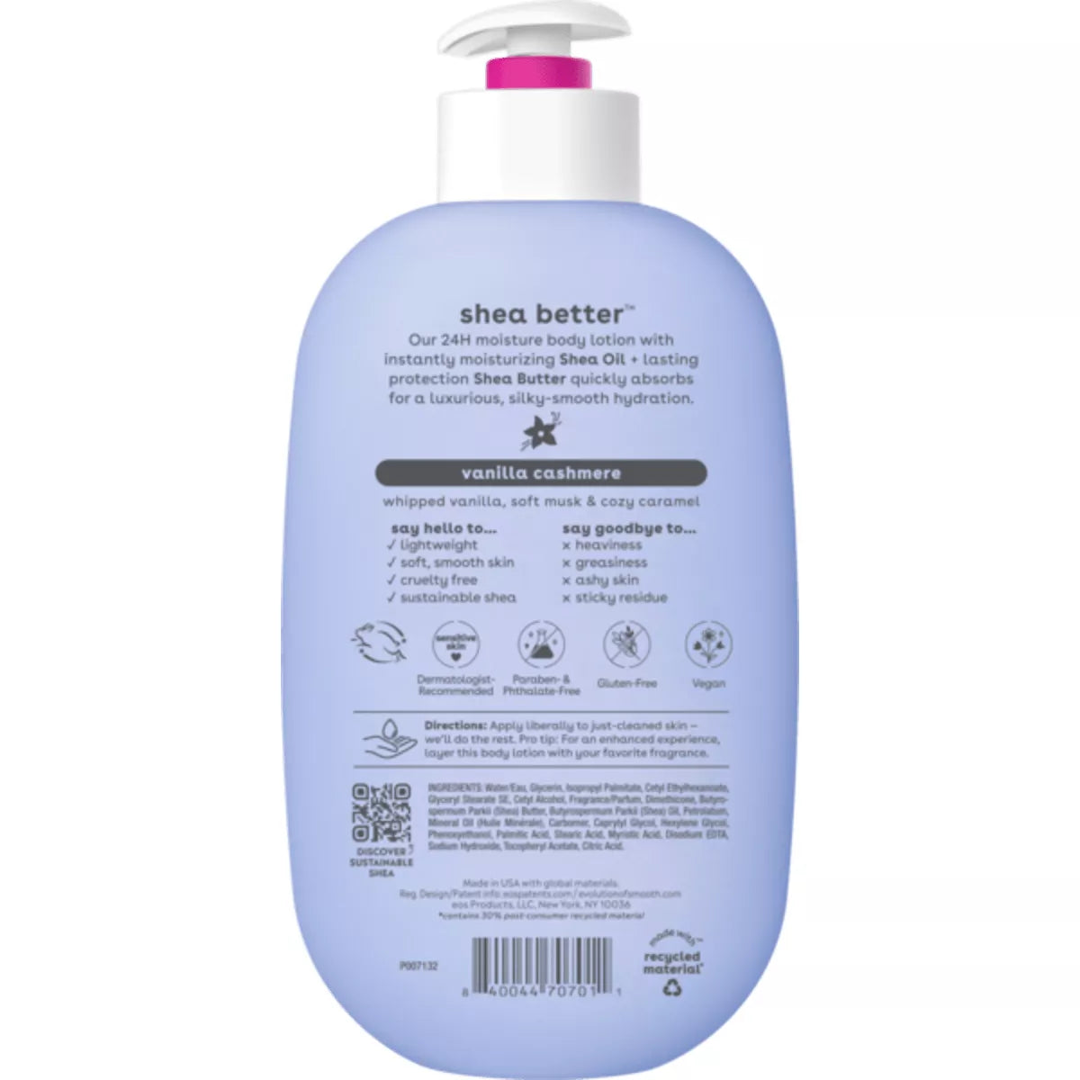 Eos Shea Better Moisture Body Lotion - Vanilla Cashmere - 16 Fl Oz: Plastic Pump, Hypoallergenic, Paraben-Free, for Dry Skin