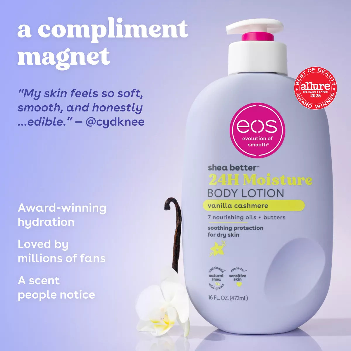 Eos Shea Better Moisture Body Lotion - Vanilla Cashmere - 16 Fl Oz: Plastic Pump, Hypoallergenic, Paraben-Free, for Dry Skin