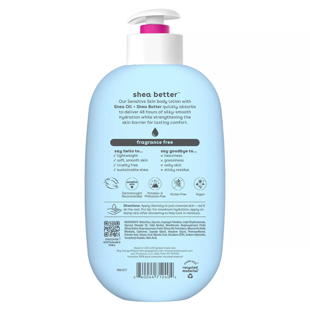 Eos Shea Better 24H Moisture Body Lotion - Fragrance Free - 16 Fl Oz: Whole Body, Bottle, Normal Skin