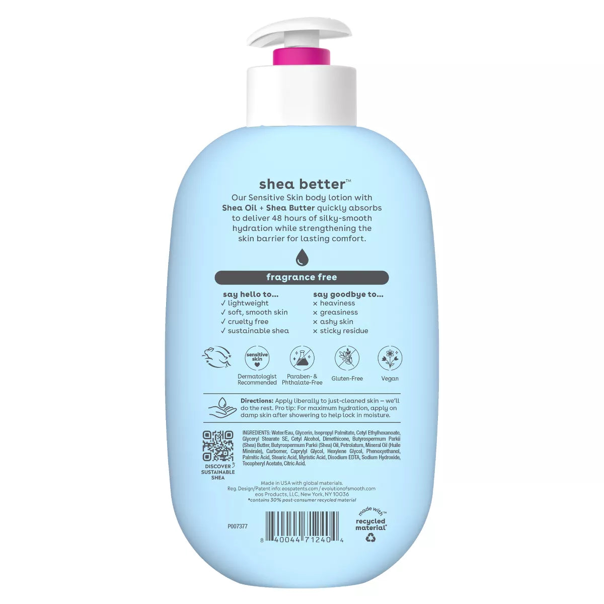 Eos Shea Better 24H Moisture Body Lotion - Fragrance Free - 16 Fl Oz: Whole Body, Bottle, Normal Skin