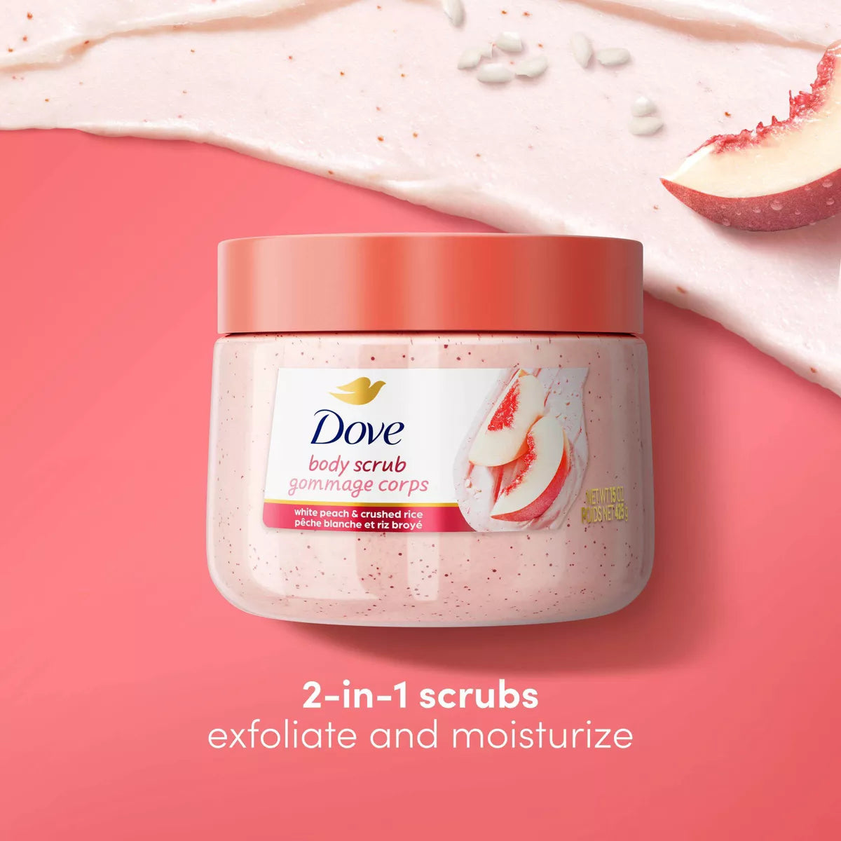 Dove Beauty Exfoliating Body Scrub - White Peach & Crushed Rice - 15Oz: Whole Body Application, Jar Container, for Normal to Dry Skin