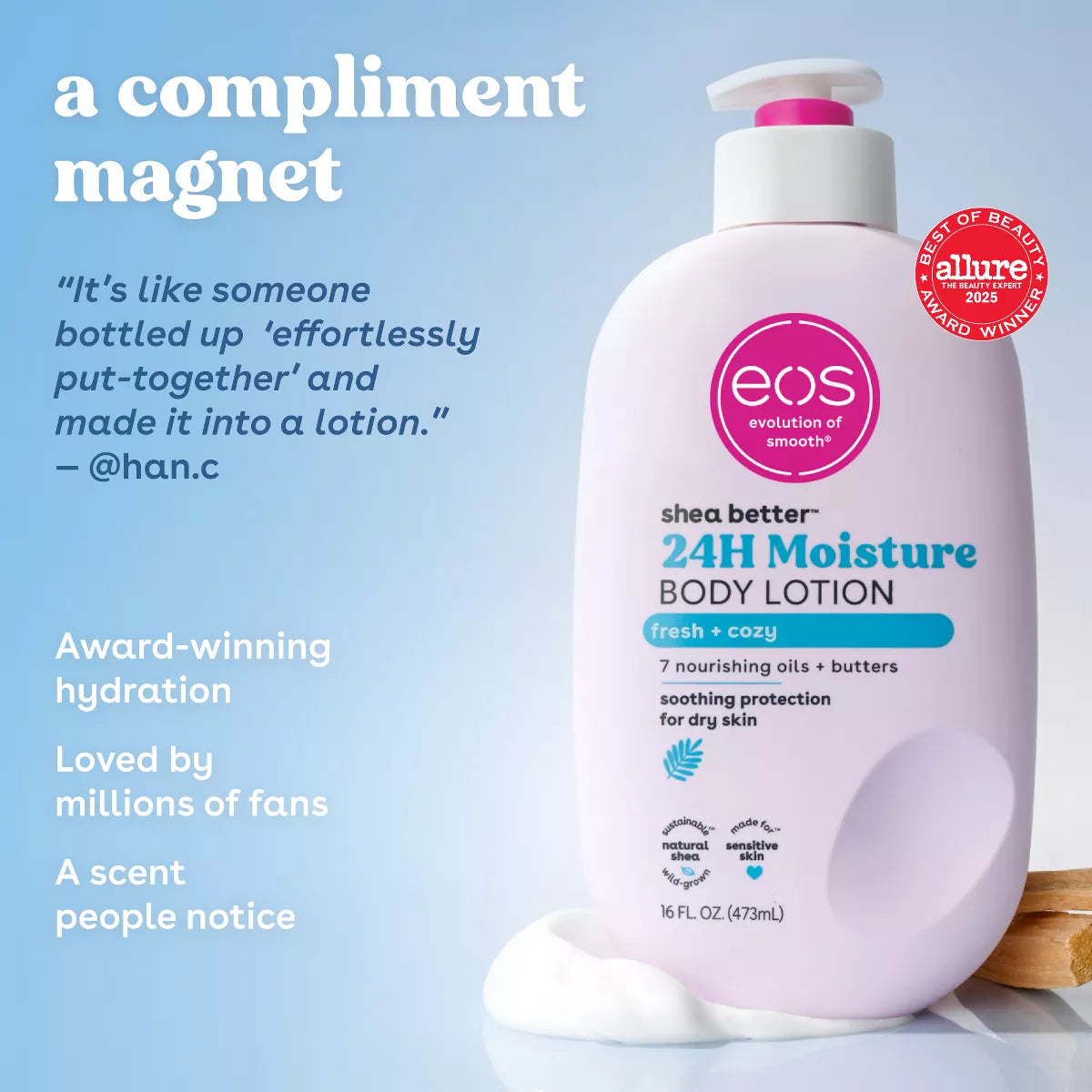 Eos Shea Better 24H Moisture Body Lotion - Fresh & Cozy - 16 Fl Oz: Hypoallergenic, Whole Body, Pump Bottle, Normal to Dry Skin