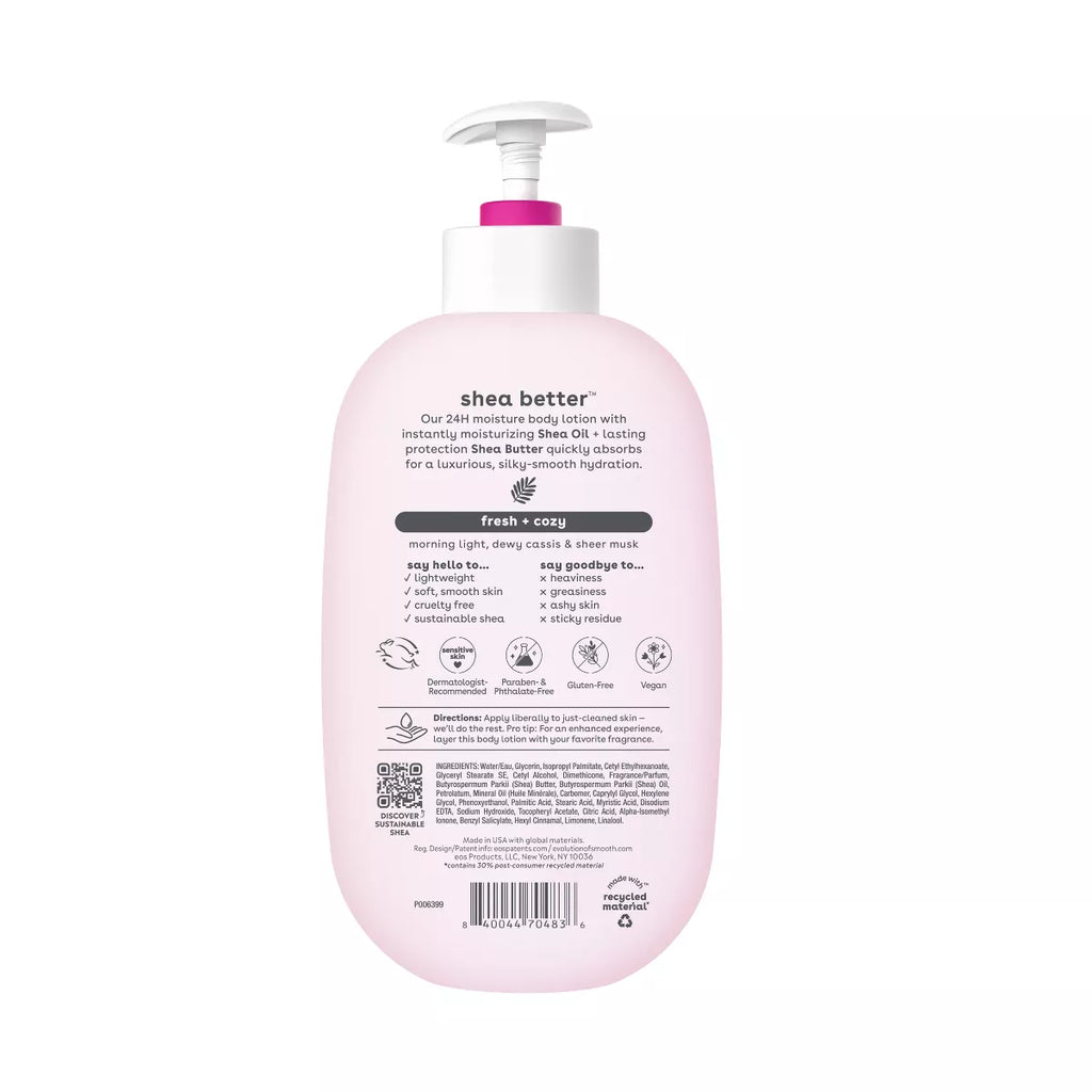 Eos Shea Better 24H Moisture Body Lotion - Fresh & Cozy - 16 Fl Oz: Hypoallergenic, Whole Body, Pump Bottle, Normal to Dry Skin