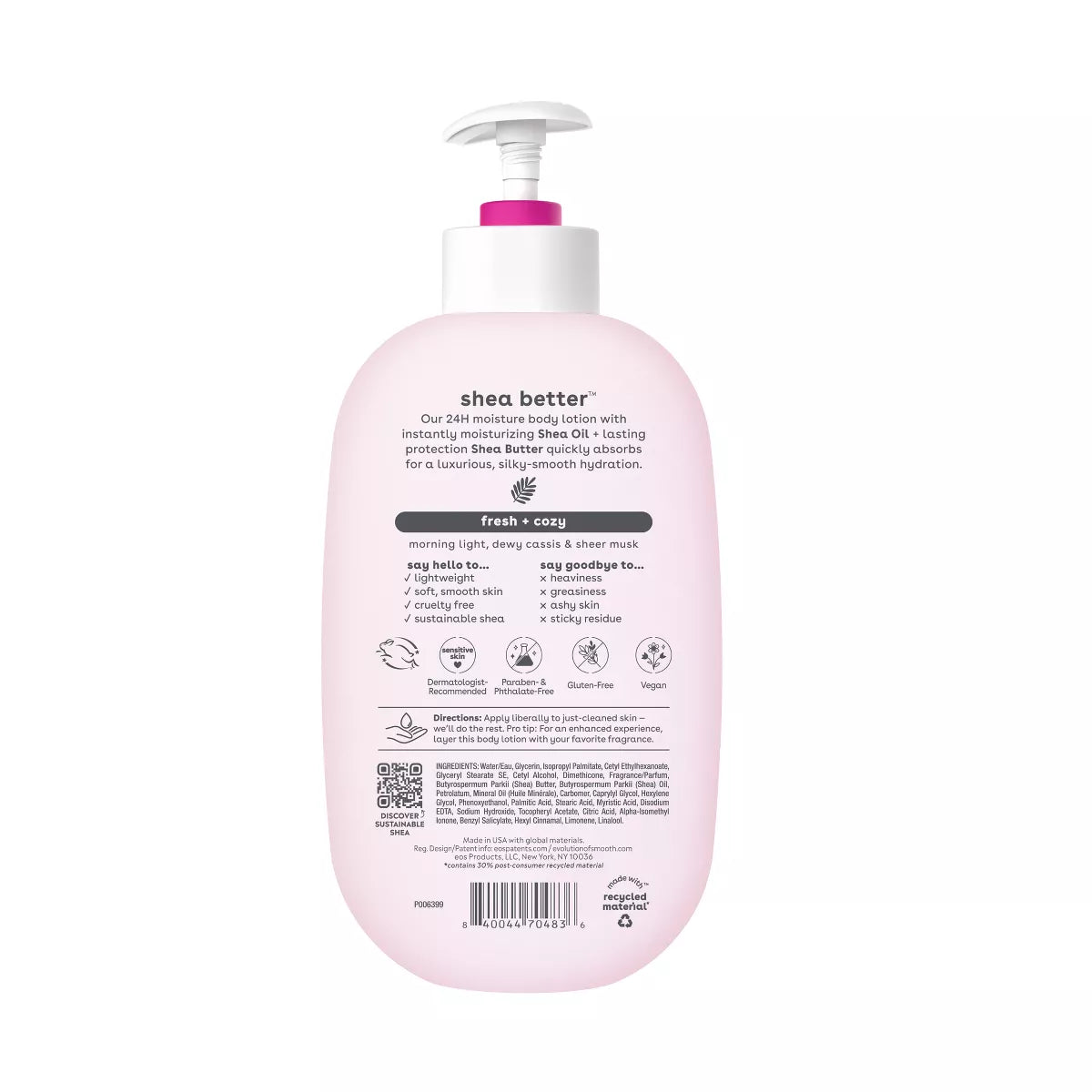Eos Shea Better 24H Moisture Body Lotion - Fresh & Cozy - 16 Fl Oz: Hypoallergenic, Whole Body, Pump Bottle, Normal to Dry Skin