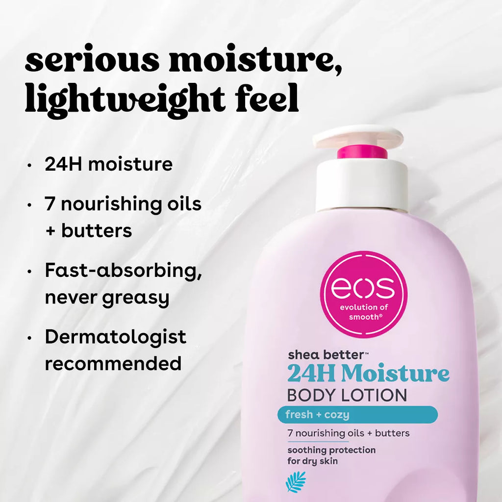 Eos Shea Better 24H Moisture Body Lotion - Fresh & Cozy - 16 Fl Oz: Hypoallergenic, Whole Body, Pump Bottle, Normal to Dry Skin