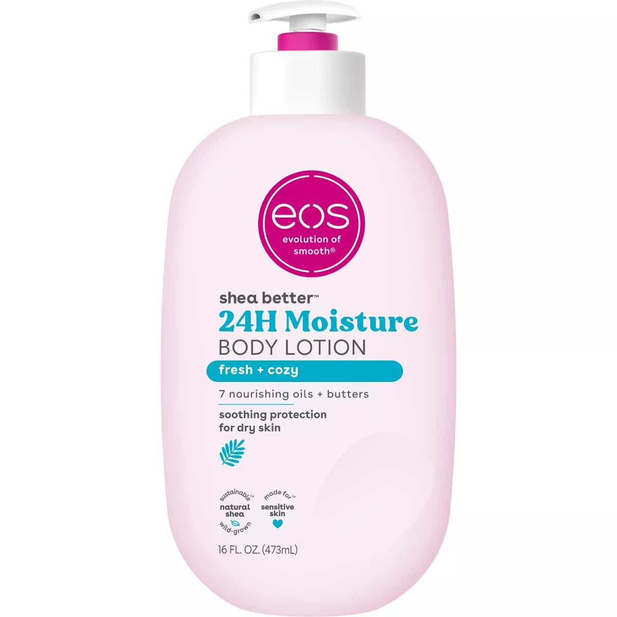 Eos Shea Better 24H Moisture Body Lotion - Fresh & Cozy - 16 Fl Oz: Hypoallergenic, Whole Body, Pump Bottle, Normal to Dry Skin