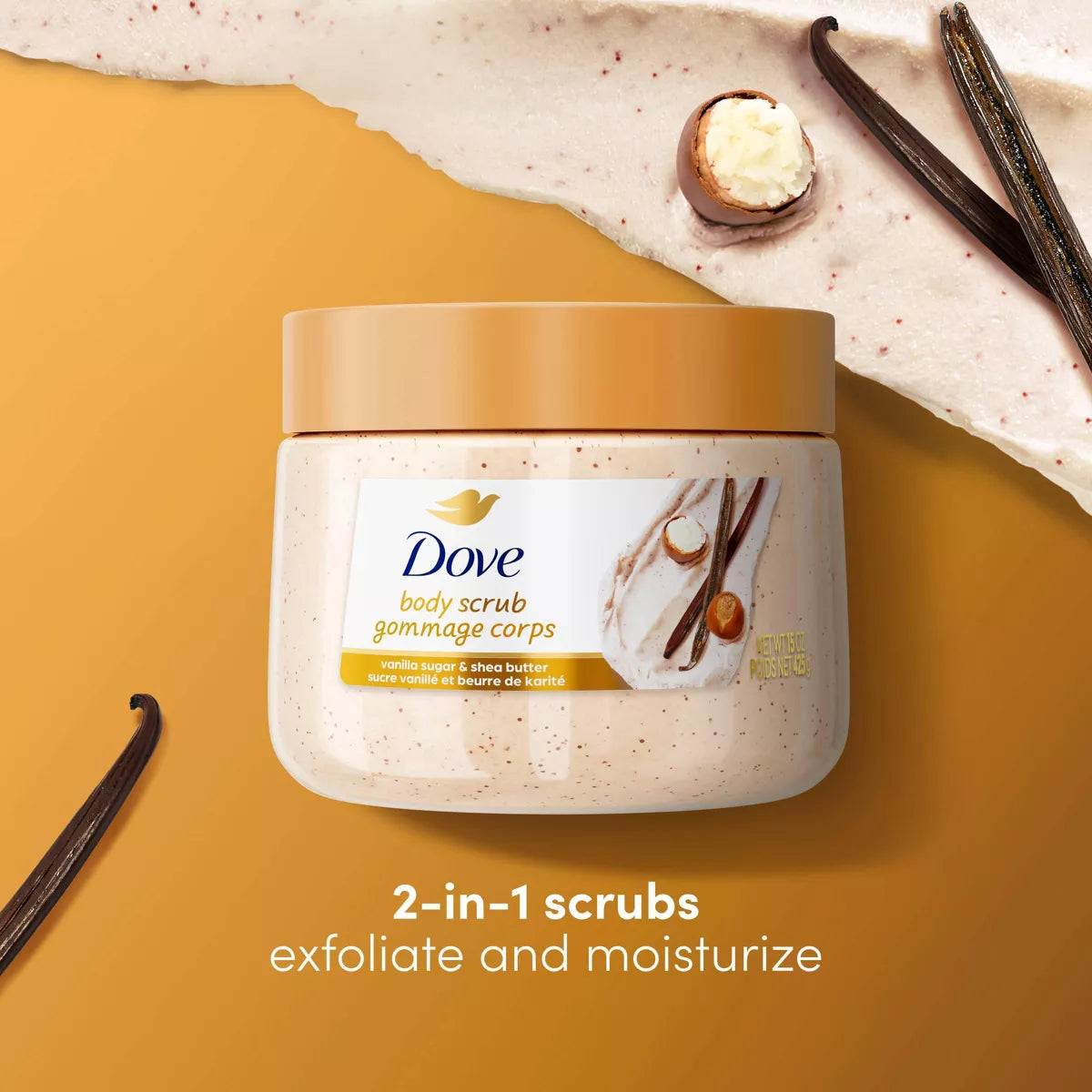 Dove Beauty Exfoliating Body Scrub - Vanilla Sugar & Shea Butter - 15Oz: Sulfate-Free, Vegan, Hydrating, Soothing